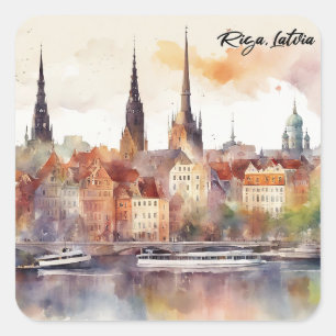 Elegant Riga Lettland Watercolor City View Fyrkantigt Klistermärke