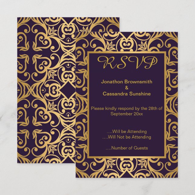 ELEGANT RIK NAVY GULD BLOMMSTER RSVP INBJUDNINGAR (Fram/baksida)