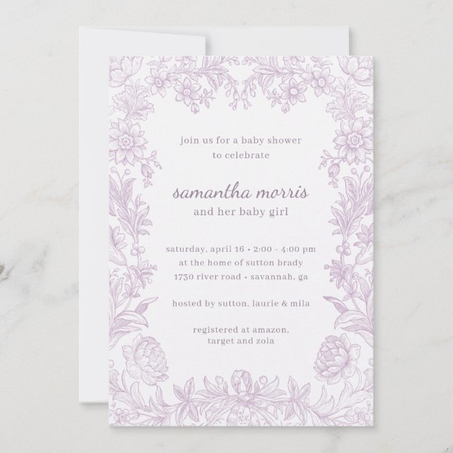 Elegant Ritad Blommigt Lavender Baby Shower Inbjudningar (Framsida)