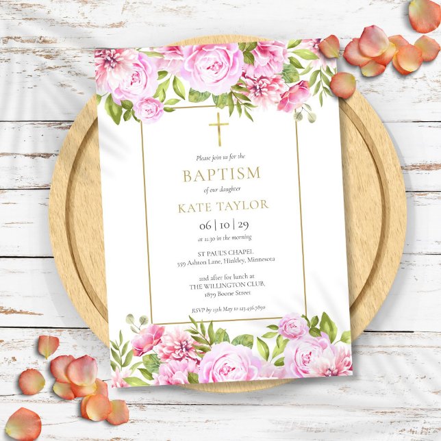 Elegant Ro Blommigt Baptism Christening Inbjudningar (Elegant Roses Floral Baptism Christening Invitation)