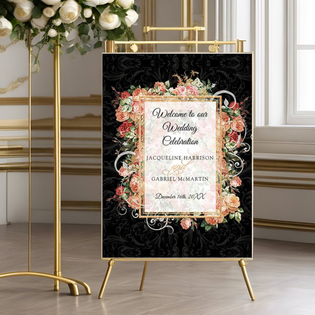 Elegant Ro Blommigt  Black Welcome Bröllop Poster (Skapare uppladdad)