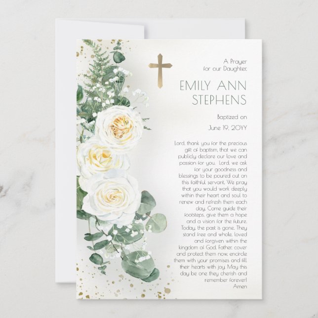 Elegant Ro Blommigt Girl Baptism Prayer Card Inbjudningar (Framsida)
