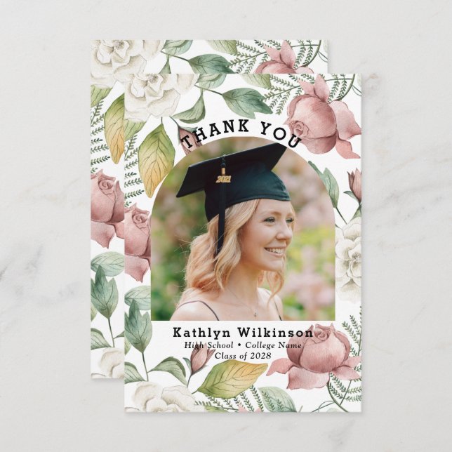 Elegant Ro Blommigt Photo Studenten Tack (Fram/baksida)