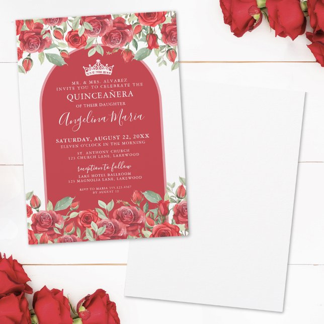 Elegant Ro Blommigt Red Quinceanera Inbjudningar (Elegant Roses Floral Red Quinceanera Invitation )