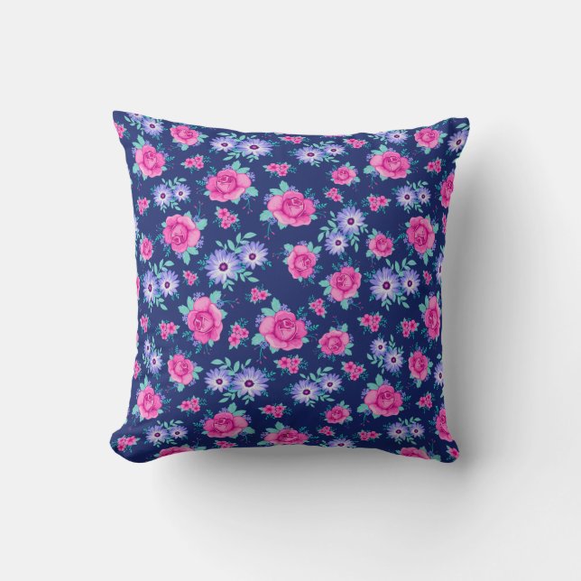 Elegant Ro Blommigt Rosa Lila  Blue Mönster Kudde (Framsida)