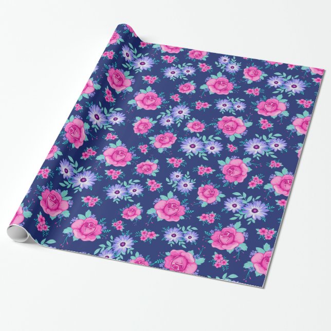 Elegant Ro Blommigt Rosa Lila  Blue Mönster Presentpapper (Utrullad)