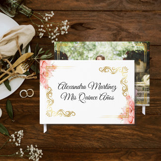 Elegant Ro Blommigt White Guld Ram Quinceañera Gästböcker