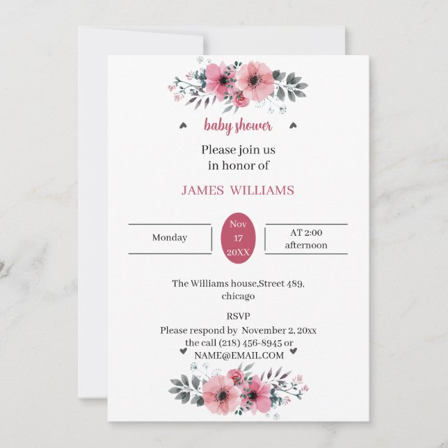 Elegant Ro Blommor för anpassade babyskor Inbjudningar (Framsida)