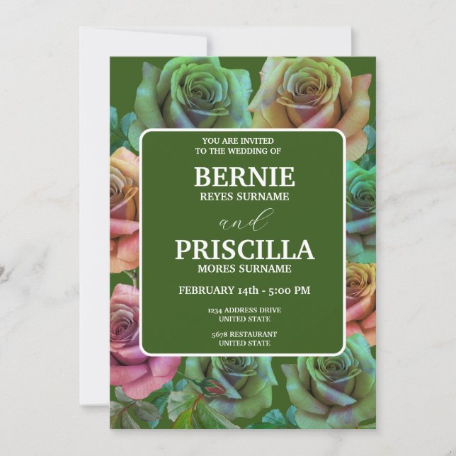 Elegant Ro blommor och vit text Grönt Bröllop Inbjudningar (Framsida)