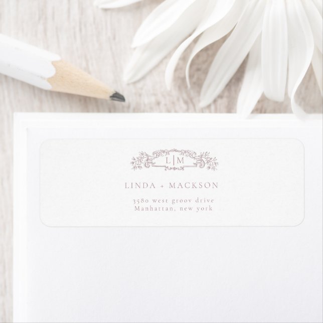 Elegant Ro botaniska vapenskölden monogram bröllop Returadress Etikett (Insitu)