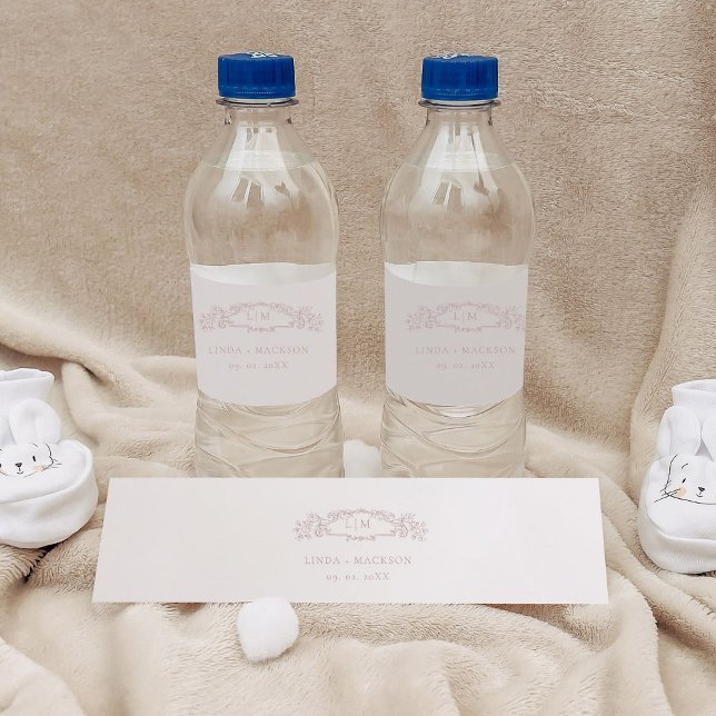 Elegant Ro botaniska vapenskölden monogram bröllop Vattenflaskor Etikett (Skapare uppladdad)