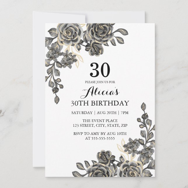 Elegant Ro Flower Black & Guld Birday Inbjudningar (Framsida)