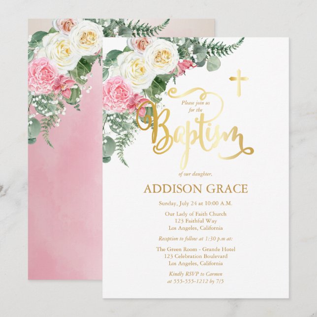 Elegant Ro Garden - Girl Baptism - Faux Guld Inbjudningar (Fram/baksida)