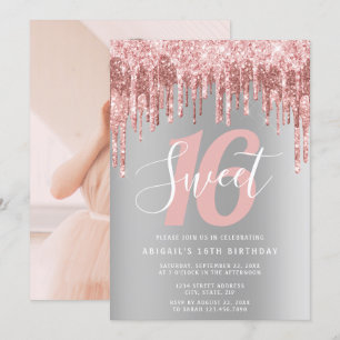 Elegant ro glitter droppar sweet sixteen invi guld inbjudningar