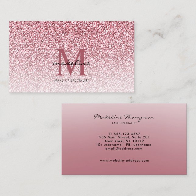 Elegant Ro Glitter Girly Monogram Visitkort (Fram/baksida)