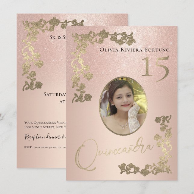 Elegant Ro Glitter Guld Blommigt Photo Quinceanera Inbjudningar (Fram/baksida)