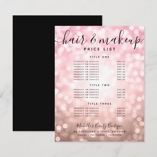 Elegant Ro Glitter Guld Ljus Salon Pris Menu OSA Kort (Fram/baksida)