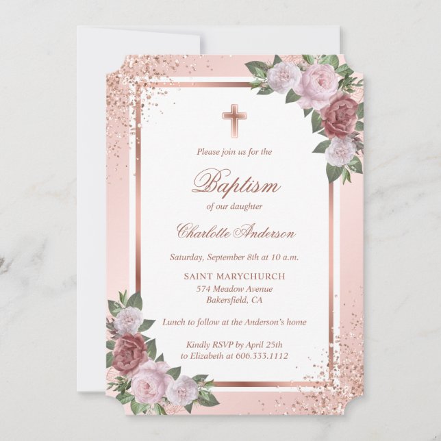 Elegant Ro Glitter Guld  Rosa Flickor Baptism i Inbjudningar (Framsida)