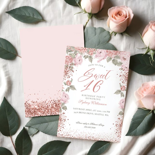 Elegant Ro Glitter Peony Blommigtar Sweet 16 Inbjudningar (Elegant Rose Gold Glitter Peony Florals Sweet 16 Invitation)