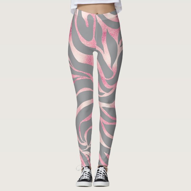 Elegant Ro Glitter Zebra Grått Animaliska utskrift Leggings (Framsida)