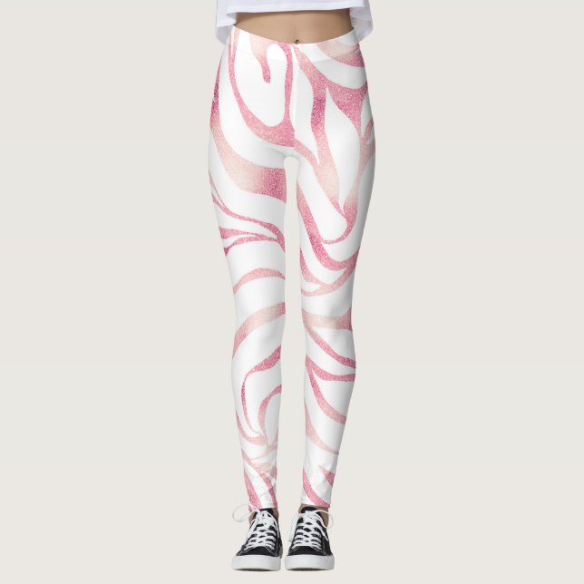 Elegant Ro Glitter Zebra White Animal Print Leggings (Framsida)
