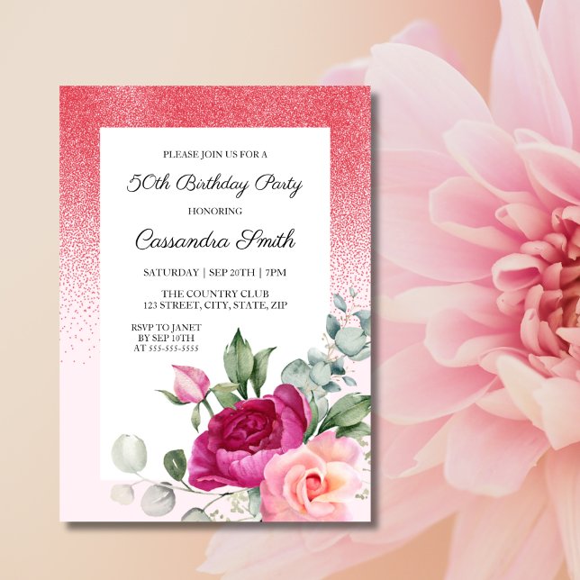 Elegant Ro Greenery Blommigt Red Glitter Birthday Inbjudningar (Skapare uppladdad)