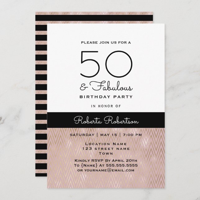 Elegant Ro Guld 50:e födelsedagen Inbjudningar (Fram/baksida)