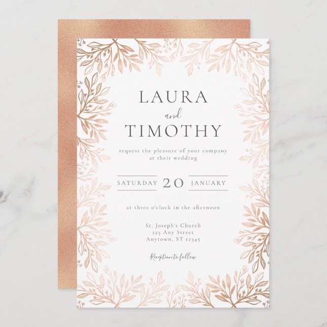 Elegant Ro Guld Blommigt Gräns Typografi Bröllop Inbjudningar (Fram/baksida)