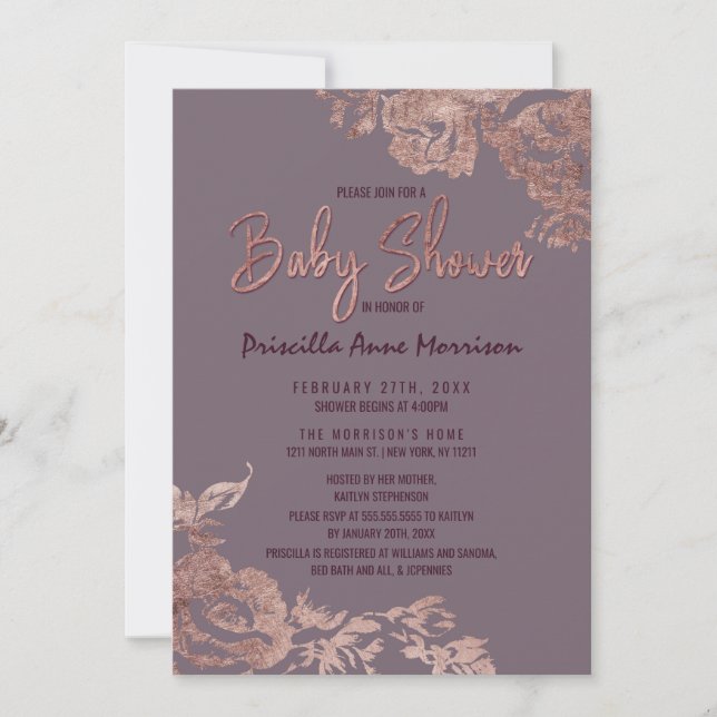 Elegant Ro Guld Blommigt Lila Mauve Baby Shower Inbjudningar (Framsida)