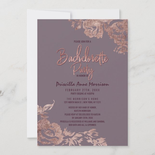 Elegant Ro Guld Blommigt Lila Mauve Bachelorette Inbjudningar (Framsida)