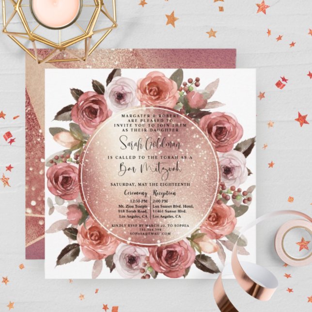 Elegant Ro Guld Blommigt och Glitter Bat mitzvah Inbjudningar (Skapare uppladdad)