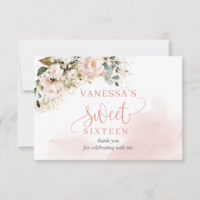 Elegant ro guld blommigt sage 16:e Födelsedagsfest Tack Kort (Framsida)
