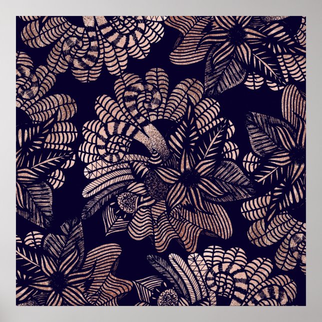 Elegant Ro Guld Blommigt Teckning på marinblått Poster (Framsidan)