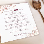 Elegant Ro Guld & Burgundy BUDGET Bröllop Menu<br><div class="desc">Dessa vackra bröllop-menyer är enkla, eleganter och snyggtar, samtidigt som de fortfarande är budgetvänliga och prisvärda. De har en klassmässig och glamorös design med faux foil snöre i ro guld och burgundisk skriptkalligrafi på en klassisk vit bakgrund. Det finns utrymme för namn på paret och bröllop-datumet. Observera: Halvljusets papper är...</div>