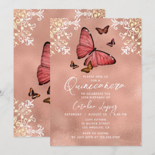 Elegant Ro Guld Butterfly Blommigt Quinceañera Inbjudningar