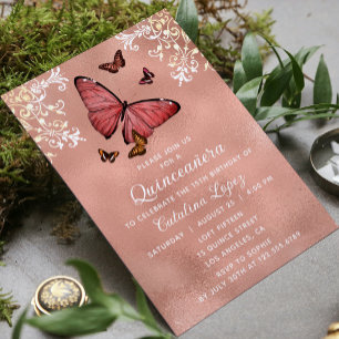 Elegant Ro Guld Butterfly Blommigt Quinceañera Inbjudningar