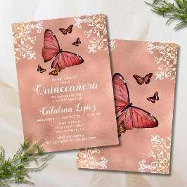Elegant Ro Guld Butterfly Blommigt Quinceañera Inbjudningar