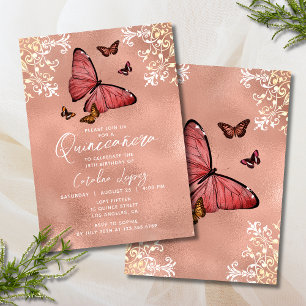 Elegant Ro Guld Butterfly Blommigt Quinceañera Inbjudningar