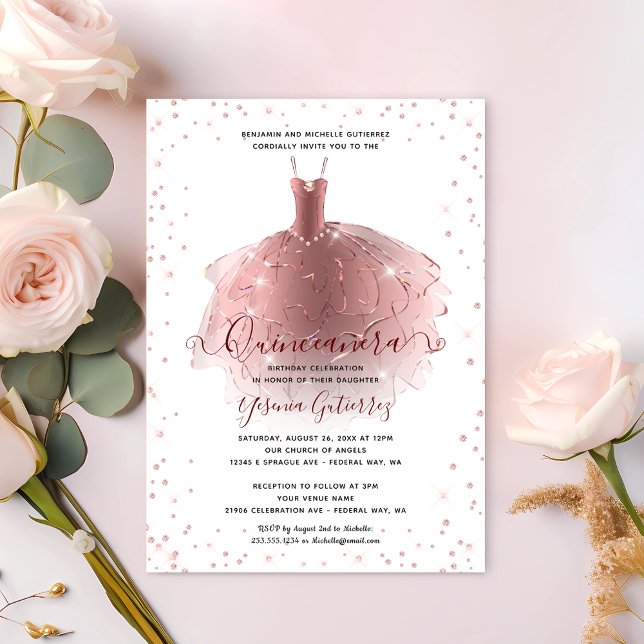 Elegant Ro Guld Diamond Quinceañera Dress Inbjudningar (Elegant Rose Gold Diamond Quinceañera Dress Invitation)
