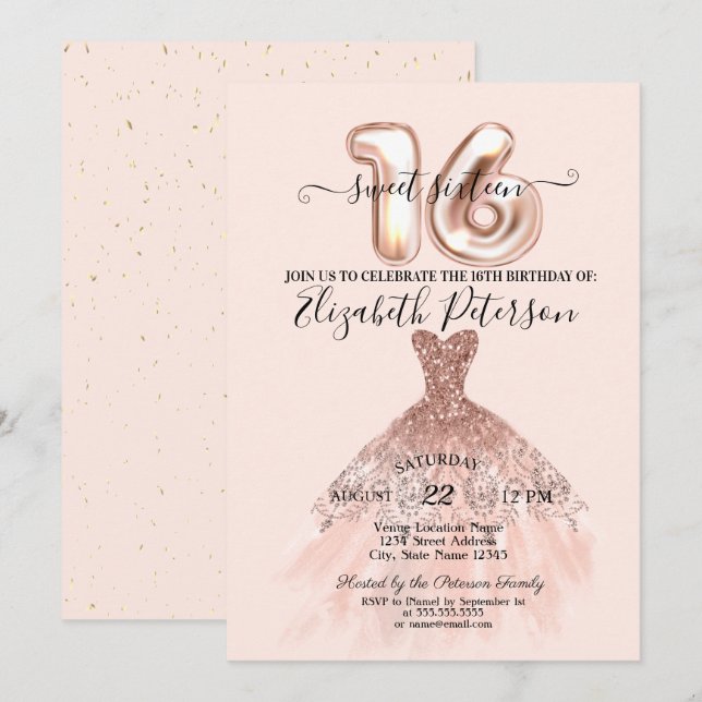 Elegant Ro Guld Dress Confetti Cream Sweet 16 Inbjudningar (Fram/baksida)