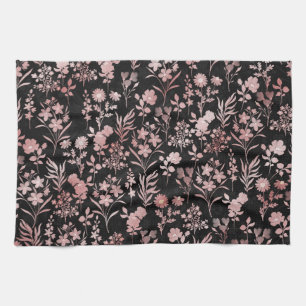 Elegant Ro Guld Flowers Black Botanical Kökshandduk