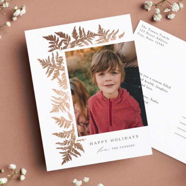 Elegant Ro Guld Garland 2 Fotojul Helg Vykort (Elegant rose gold ferns photo holiday postcard.)