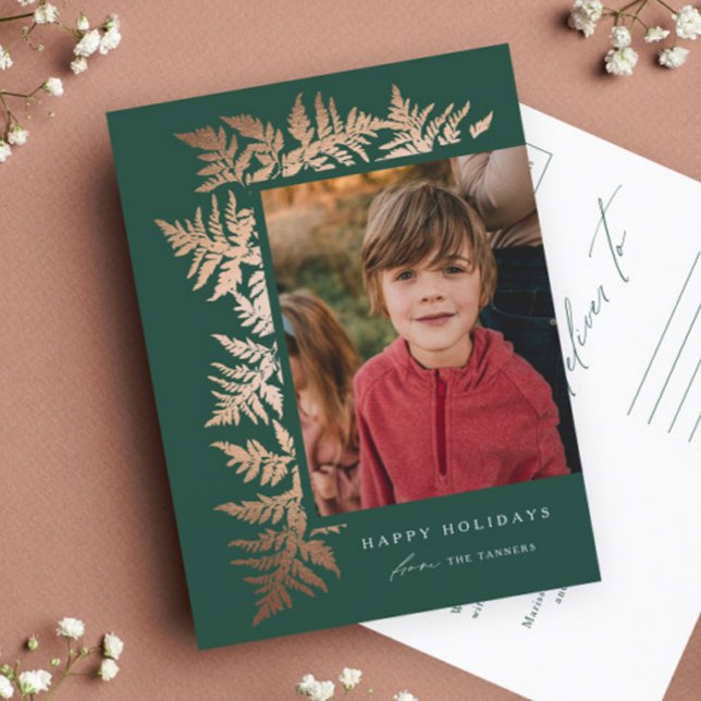 Elegant Ro Guld Garland Photo jul Helg Vykort (Elegant rose gold garland green photo holiday postcard.)