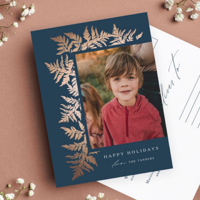 Elegant Ro Guld Garland Photo jul Helg Vykort (Elegant rose gold garland navy blue photo holiday postcard.)