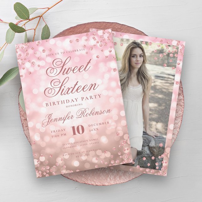 Elegant Ro Guld Glam Ljus Photo Sweet 16 Inbjudningar (Elegant Rose Gold Glam Lights Photo Sweet 16 Invitation)