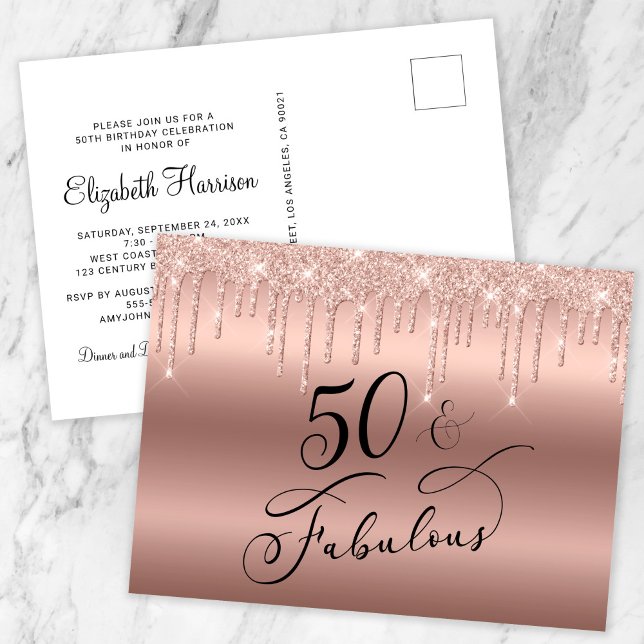 Elegant Ro Guld Glitter 50:e Födelsedagsfesten Inbjudan Vykort (Skapare uppladdad)