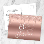 Elegant Ro Guld Glitter 60:e Födelsedagsfesten Inbjudan Vykort<br><div class="desc">Chicens 60:e födelsedagsfest-vykortsinbjudan. "60 & Fabulous" är skrivet i ett elegant vitt skript på ro guld,  där ro guld faux glitter droppar uppifrån. Anpassa enkelt till hennes namn och den sextionde födelsedagsfesten på baksidan.</div>