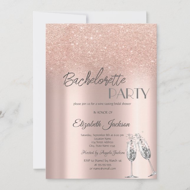 Elegant Ro Guld Glitter Bokeh Bachelorette Inbjudningar (Framsida)
