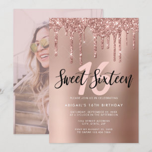 Elegant ro guld glitter droppar sweet sixteen inbjudningar