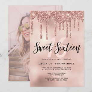 Elegant ro guld glitter droppar sweet sixteen inbjudningar
